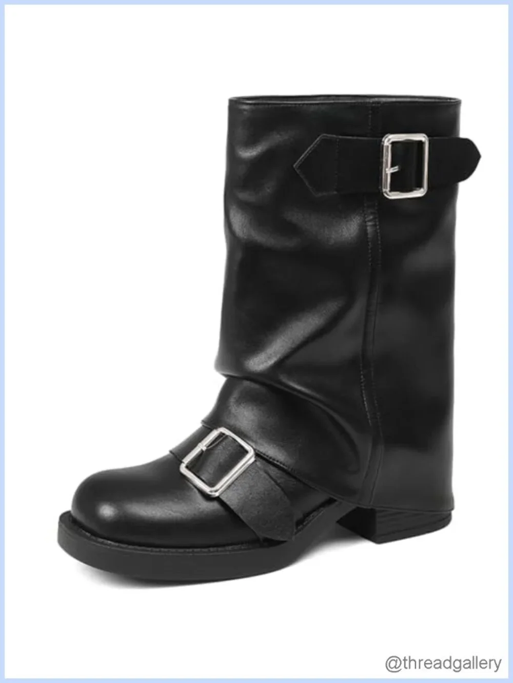 Fold Over Mid Calf Boots Women Festival Y2K Round Toe Slouchy Buckle Moto Biker
